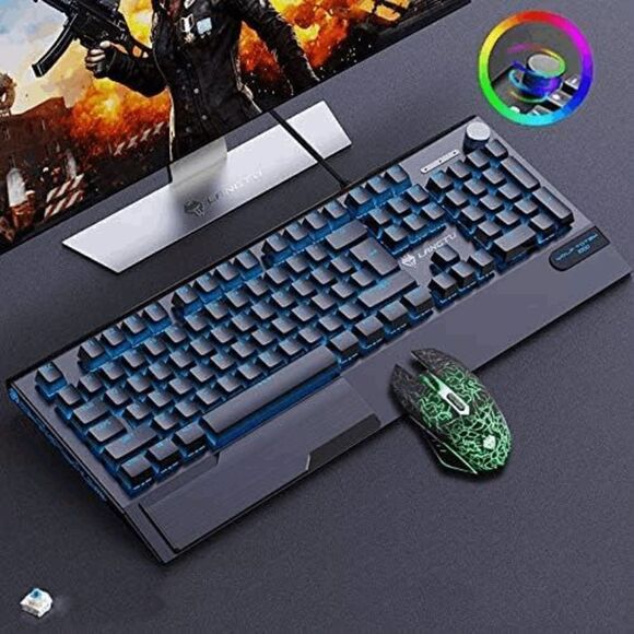 3 IN 1 Multimedia Knob Mechanical Gaming Keyboard Set (Black/Blue Backlit/Blue S